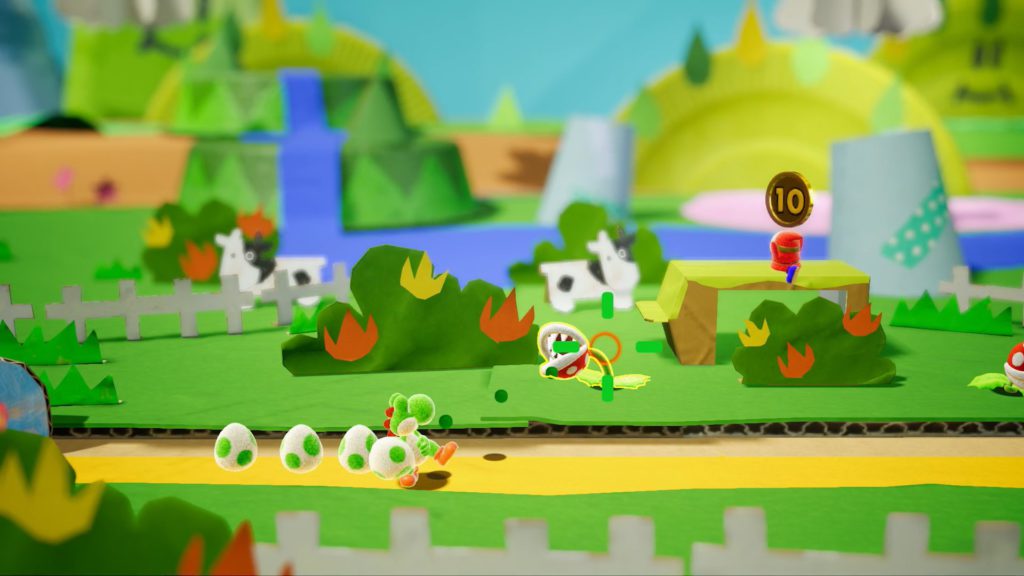 Yoshi aims for a Piranha Plant.