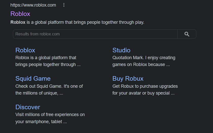 Roblox google search text of results showing Roblox and Squid Game