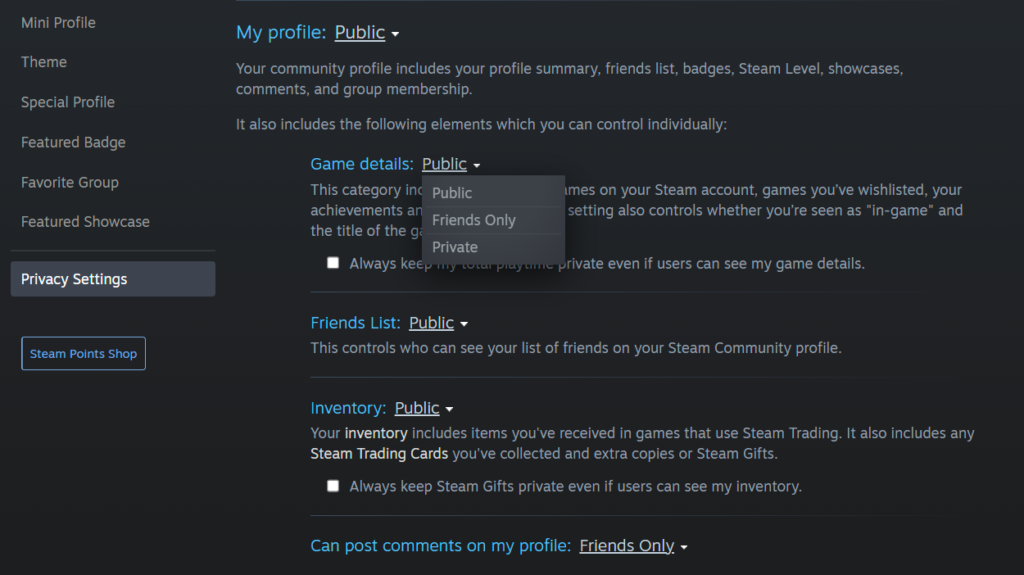 steam profile privacy settings for hogwarts legacy