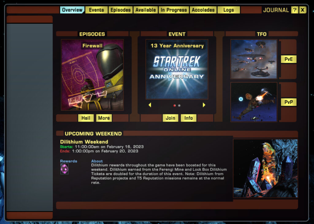 Star Trek Online Recurring and Recruitment Events Guide 1 dilithium weekend event in the mission tab in sto
